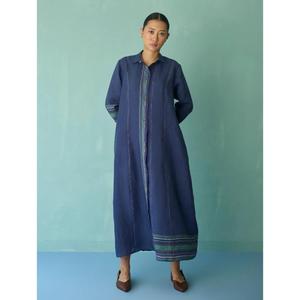 Vestido maxi de lino a rayas azules para mujer, cuello vuelto, manga tres cuartos, corte holgado informal, transpirable, para todas las estaciones. - Product Image 3