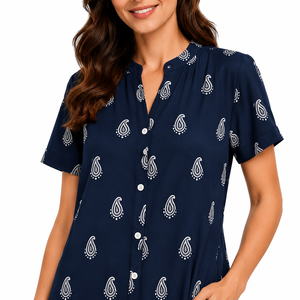 Robe midi décontractée pour femme, bleu marine, imprimé cachemire, respirante, coupe ample, manches courtes, boutonnée sur le devant, avec poches, idéale pour l'été - Product Image 2