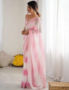 Sari de Seda Satinada Bordado y Adornado Estilo Bollywood para Mujer, Marca KV, Sin Arrugas, con Blusa Sin Coser (Rosa), para Bodas/Fiestas - Product Image 5