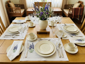 GREEN SUN EMBROIDERY Embroidered Linen Luxury <b>Place</b> <b>Mat</b> Napkin Set Lavender Flower Pattern Washable Machine Wash Hemstitch Home - Product Image 3