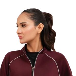 Women's <b>Burgundy</b> Tone Zip Track Jacket Stand Collar Long Sleeve Daily Sports Jacket Contrast Piping Side Pockets Lite Slim - Product Image 2
