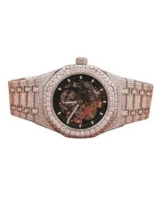 Reloj de Lujo Estilo Hip Hop con Incrustaciones de Diamantes VVS Moissanite, Oro Blanco, Corte Redondo, Esfera Negra, Plateado, Personalizado, Diseño Completamente Incrustado - Product Image 1