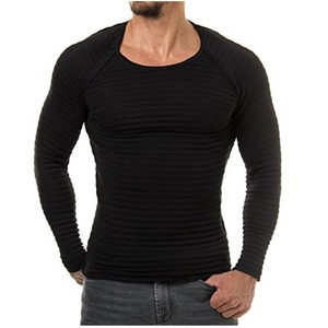 Pull décontracté à carreaux pour homme, coupe ajustée, col rond, manches longues, t-shirt musculaire, 240 grammes, polyester/coton, uni, délavé - Product Image 2
