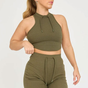 New Four Way Stretch <b>Women</b> Crop <b>Tank</b> <b>Top</b> Vest Slim Fit Gym Clothes Sportswear Summer Ribbed Material Drawstring Design - Product Image 1