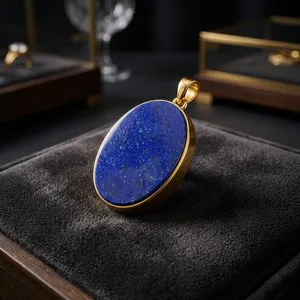 Pendentif ovale en lapis-lazuli naturel plaqué or, vintage, artisanal, bleu, bijoux de guérison, vente en gros - Product Image 2