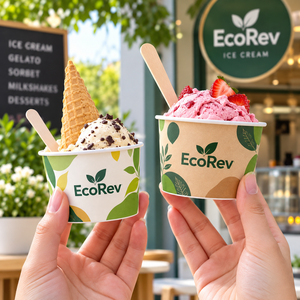Gobelet à crème glacée EcoRev 90 mm à paroi simple, matériaux recyclés, écologique, biodégradable, papier de qualité alimentaire, logo en feuille, motifs verts - Product Image 5