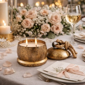 Bougie romantique en métal avec couvercle en corde, double mèche, éclat doux, combustion lente, rehausse la décoration de table de mariage, cadeau de luxe - Product Image 1