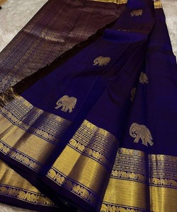 Sari de seda azul real con motivos de elefantes dorados y borde Zari, traje tradicional indio para bodas, para mujeres. - Product Image 3