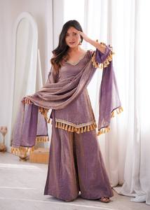 Ensemble Kurti Palazzo en Soie Brodé Vert, Style Indien et Pakistanais, Coupe Ample Longueur Ras du Sol, avec Bordure à Pompons et Foulard, Idéal pour Fêtes et Mariages - Product Image 2