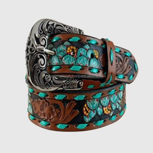 Western Belt Vintage Country Belts for Cowboys Genuine Western <b>Leather</b> <b>Tooled</b> Belt with Turquoise hand carving and engraving - Product Image 6