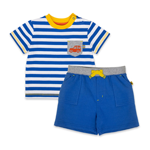ชุดเด็กผู้ชายฤดูร้อน 2 ชิ้น เสื้อยืดลายทางสีฟ้า & กางเกงขาสั้นมีกระเป๋าปักลายรถยนต์ ผ้าฝ้าย 100% สไตล์ลำลอง บริการ OEM จากประเทศกัมพูชา - Product Image 2
