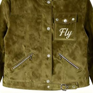 Men's Olive <b>Suede</b> <b>Bomber</b> <b>Jacket</b> Mandarin Collar Embroidered Fly Logo Casual Autumn Wear Regular Fit Button Closure - Product Image 2