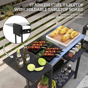 Carrello da Cucina Portatile Moderno per Esterni, Piano in Acciaio Inossidabile Nero, Doppio Ripiano, Realizzato in Legno MDF per Avventure Culinarie e Isola BBQ - Product Image 5