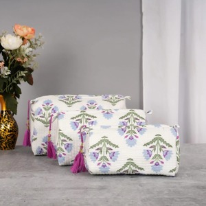 Ensemble de trousses de toilette en coton à imprimé floral avec fermeture éclair à pompon, pochette de maquillage portable, style bohème, petite capacité - Product Image 1
