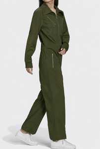 Combinaison Femme Vert Olive à Manches Longues, Fermeture Éclair, Col à Capuche, Couleur Unie, Taille à Cordon, Coupe Droite, Légère, Décontractée - Product Image 3