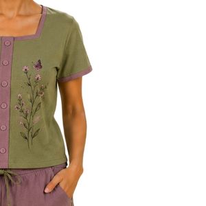 Olive Green And Mauve Women Two Piece Shorts Set Square Neck Button <b>Top</b> Floral Butterfly Print Casual Summer Cotton Lounge Wear - Product Image 4
