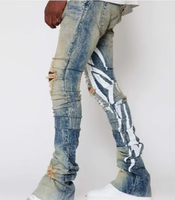 Jean en denim vintage personnalisé, coupe slim haute, déchiré, imprimé, automne-hiver, pour homme, pantalon évasé, vente en gros, léger, formel