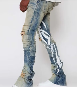 Pantalones Vaqueros Apilados Vintage Personalizados al por Mayor, Jeans Apilados Rasgados con Estampados de Corte Ajustado para Hombre, Jeans Acampanados - Product Image 3