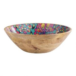 Tazón Redondo de Madera de Mango para Servir, Interior Esmaltado en Blanco, Diseño con Estampado de Cítricos, Limón y Naranja, Vajilla Tropical para Ensaladas de Verano - Product Image 1