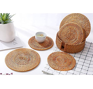Sous-verres en rotin BOHO, sous-verres en osier, vente en gros, emballés en vrac, sets de table ronds tissés naturels - Product Image 1