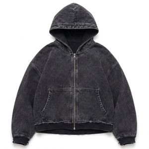 Blouson à capuche zippé en jean noir délavé pour homme, style streetwear oversize, sweat-shirt molletonné effet usé, vêtements personnalisés en gros - Product Image 1