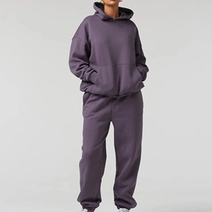 Ensemble de survêtement pour femme de haute qualité, coupe oversize, uni, avec boutons et fermeture éclair, en molleton épais, sweat-shirt et pantalon de survêtement, deux pièces, décontracté, hiver - Product Image 2