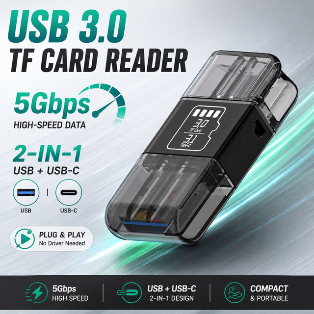 2 in 1 USB3.1/3.0 5Gbps High Speed TF & Mini SD Card Reader with USB3.0 Type-C Aluminum Alloy for Mobiles Dash Cam Drone Camera