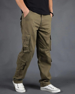 Pantalon cargo vert olive pour homme avec plusieurs poches, taille élastique décontractée, en toile respirante, poids moyen, pour l'automne - Product Image 1
