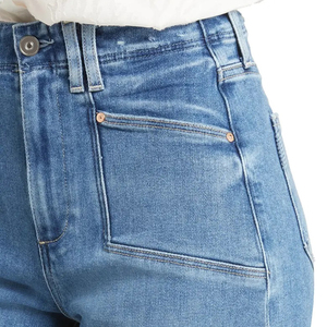 High Waist Womens Wide Leg <b>Denim</b> Jeans Patch Pocket Cropped Raw Hem Blue <b>Stretch</b> Pants Streetwear Style - Product Image 5