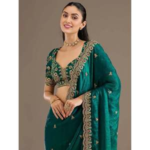Charming Green Zari Embroidered Silk Reception <b>Saree</b> with Blouse for Women - Product Image 4