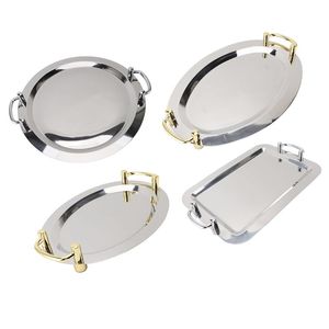 Shiny Metal <b>Serving</b> <b>Trays</b> Oval And Rectangular With <b>Gold</b> Handles Polished Finish Durable For Party Use - Product Image 1