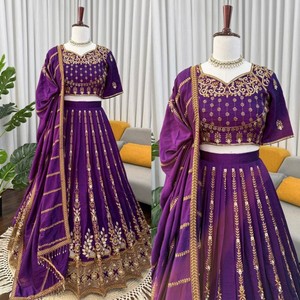 VASTRA COTTAGE Elegante Conjunto de Lehenga de Seda para Mujer, Falda Cosida, Dupatta Bordada con Lentejuelas y Hilo - Product Image 5