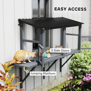 Enclos extérieur pour chat en bois gris avec fenêtre, perchoir et plateforme de saut, sûr pour que votre animal profite des vues extérieures - Product Image 6