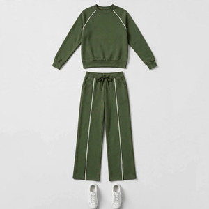 Ensemble de survêtement léger et respirant vert olive pour femme, sweat-shirt à col rond, pantalon à cordon de serrage, couleur unie, manches courtes, hiver - Product Image 3