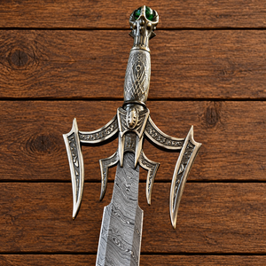 Espada Barbarca Medieval de Acero de Damasco, Hoja de Doble Filo de Acero de Damasco Forjada a Mano con Funda de Cuero - Product Image 2