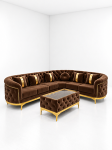 Luxury Brown Velvet <b>Curved</b> Sectional Sofa Set with <b>Coffee</b> <b>Table</b> Tufted Gold Metal Legs Living Room Decoration Contemporary Sofa - Product Image 1