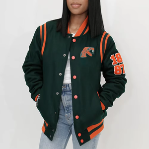 Custom Long Knitted Wool Varsity <b>Jacket</b> Chenille Patches Embroidery Sororities Breathable Fleece Lining Green Orange - Product Image 2