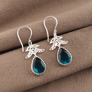 Womens 925 Sterling <b>Silver</b> Bohemian Luxury Wedding Drop <b>Earrings</b> Geometric Pattern <b>Blue</b> Apatite Bezel Set Handmade Dangle - Product Image 2