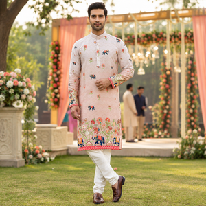 Ensemble Kurta en coton gaufré crème, crochet lourd et sequins, tenue traditionnelle indienne et pakistanaise pour homme, imprimé, longueur genou, coupe classique - Product Image 5