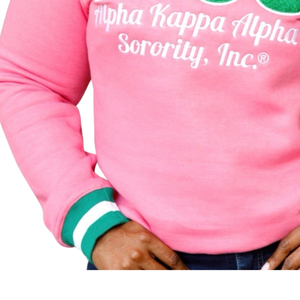 AKA 1908 Sweat-shirt en chenille rose rayé pour femme, col rond premium brodé de lettres grecques - Product Image 4