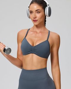 Soutien-gorge de sport pour femme, couleur unie, col en V, bretelles spaghetti, maintien moyen, respirant, séchage rapide, sans coutures, pour yoga et fitness - Product Image 3