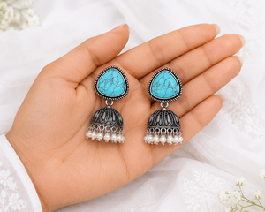 Oxidized <b>Silver</b> Pearl Jhumka Chandelier <b>Earrings</b> Indian Traditional Ethnic <b>Dangle</b> for Women Party Lovers - Product Image 5