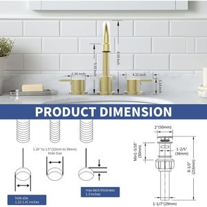 Grifo de lavabo de baño de 8 pulgadas con 2 manijas, 3 orificios, caño giratorio 360 grados, acabado oro cepillado, de amplio alcance, con desagüe de botón, para lavabo de tocador - Product Image 6