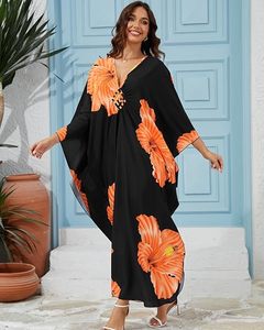 Floral Print Chiffon <b>Kaftan</b> Dress V-Neck Loose Maxi <b>Summer</b> Casual Wear Cap Sleeve Breathable Straight Hem - Product Image 4