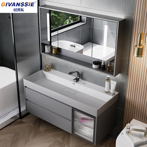 Conjunto de tocador moderno y lujoso <span class=keywords><strong>para</strong></span> dormitorio |   Mueble de <span class=keywords><strong>Baño</strong></span> con Lavabo Individual, Espejo LED Inteligente y Gabinete de Almacenamiento Lateral Auxiliar (Madera) - Product Image 3