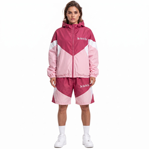<b>Women's</b> Colour Blocking Windbreaker <b>Twin</b> Shorts <b>Set</b> Lightweight <b>Women</b> Hooded Jacket 100% Nylon Printed Shorts <b>Set</b> - Product Image 1