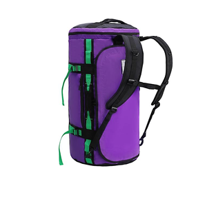 Bolsa de lona de nailon morada con correas de hombro negras y detalles verdes para viajes y deportes - Product Image 1