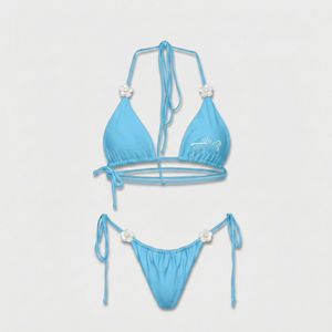 Premium 200 GSM Nylon Spandex Women <b>Bikini</b> <b>Set</b> Sky <b>Blue</b> Tie String Floral Trim Custom Heat Transfer Logo Women <b>Bikinis</b> <b>Set</b> - Product Image 1