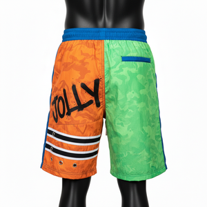 Pantalones cortos cortavientos de poliéster taslan premium, con paneles en naranja, verde y azul, estampado por sublimación, bordado y logotipo personalizado para hombre. - Product Image 4