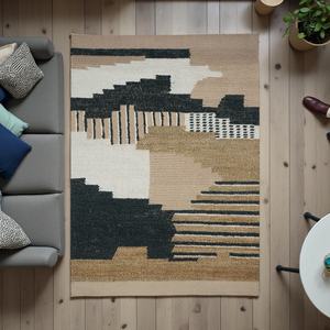 Alfombra Durrie de Lana Hecha a Mano, Moderna, Abstracta, de Tejido Plano, con Patrón Geométrico, Ecológica, Apta para Mascotas, Beige y Negro - Product Image 4